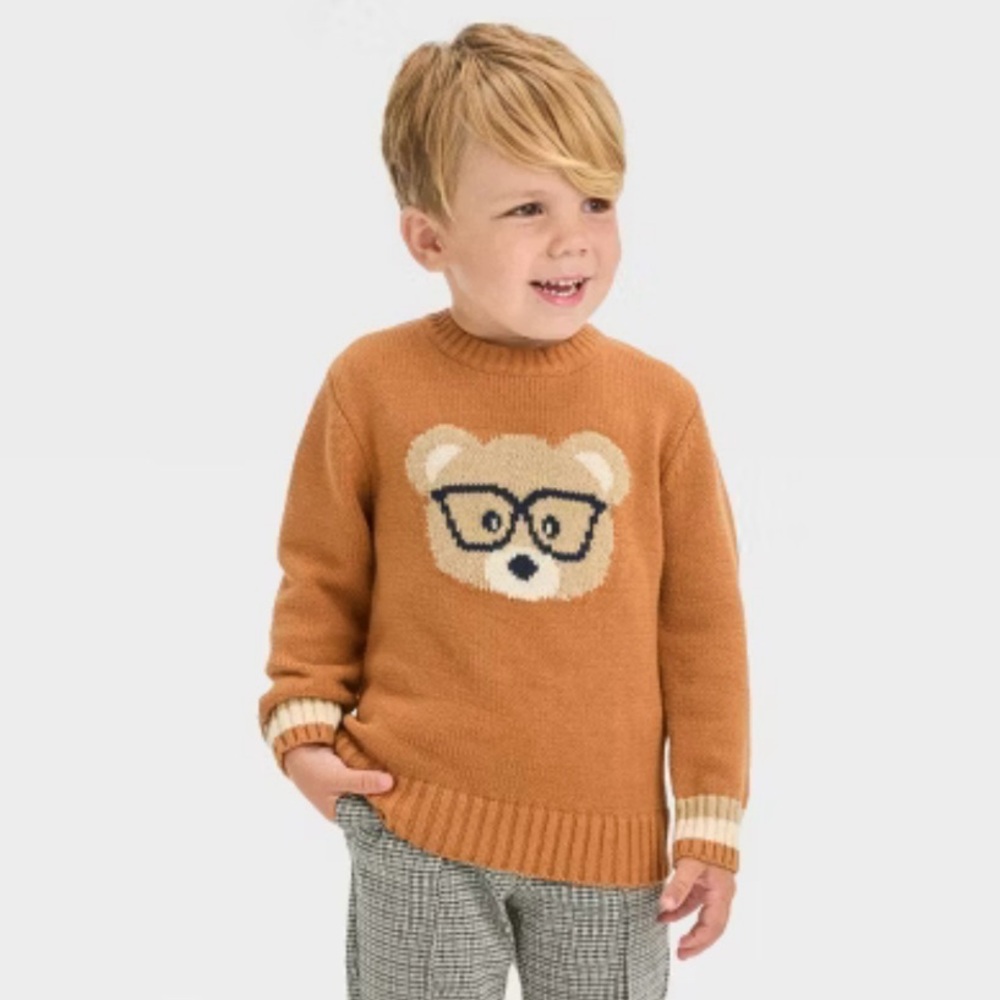 Cat & Jack Toddler Boy Brown Bear Printed Sweater Crewneck Bear Glasses Size 3T